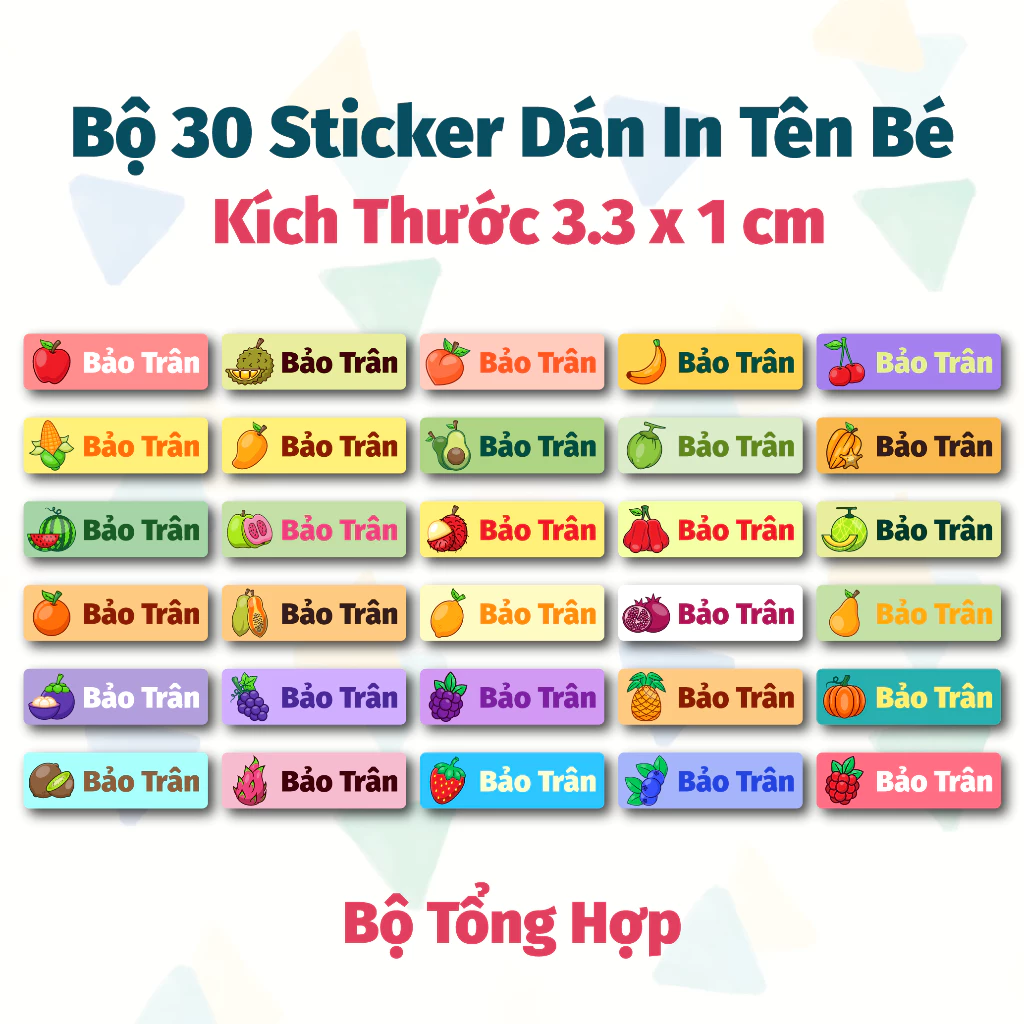 Bộ 30 Tem Sticker In Tên Mẫu Trái Cây - Sticker Đánh Dấu Dụng Cụ Học Tập, Quần Áo, Đồ Dùng Cá Nhân