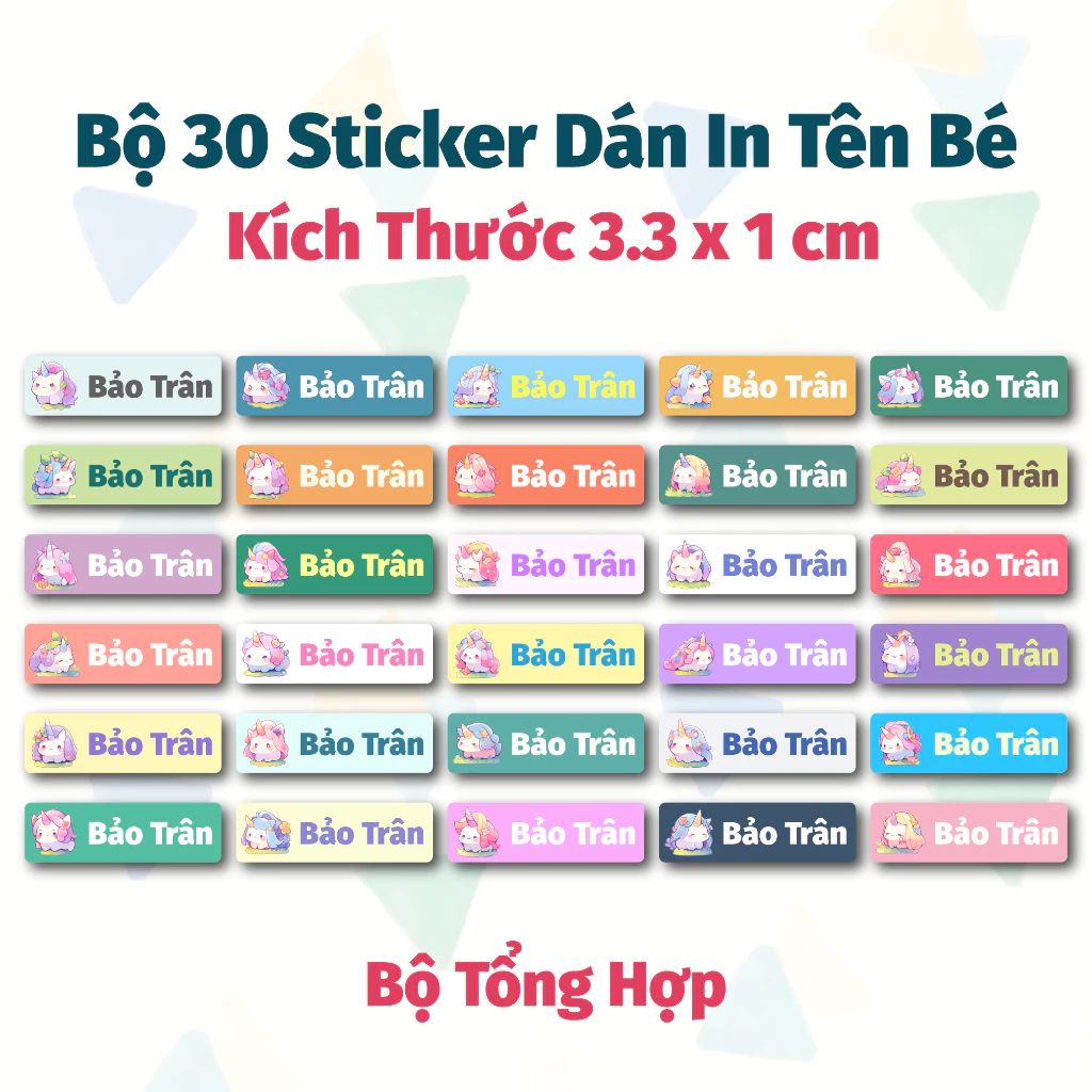 Bộ 30 Tem Sticker In Tên Mẫu Kỳ Lân Xinh - Sticker Đánh Dấu Dụng Cụ Học Tập, Quần Áo, Đồ Dùng Cá Nhân