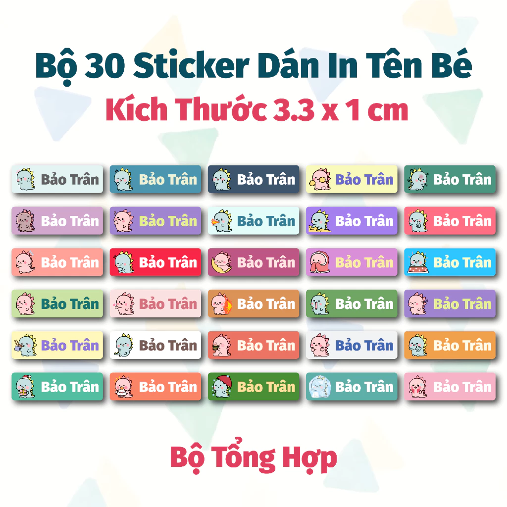 Bộ 30 Tem Sticker In Tên Mẫu Khủng Long Xinh - Sticker Đánh Dấu Dụng Cụ Học Tập, Quần Áo, Đồ Dùng Cá Nhân