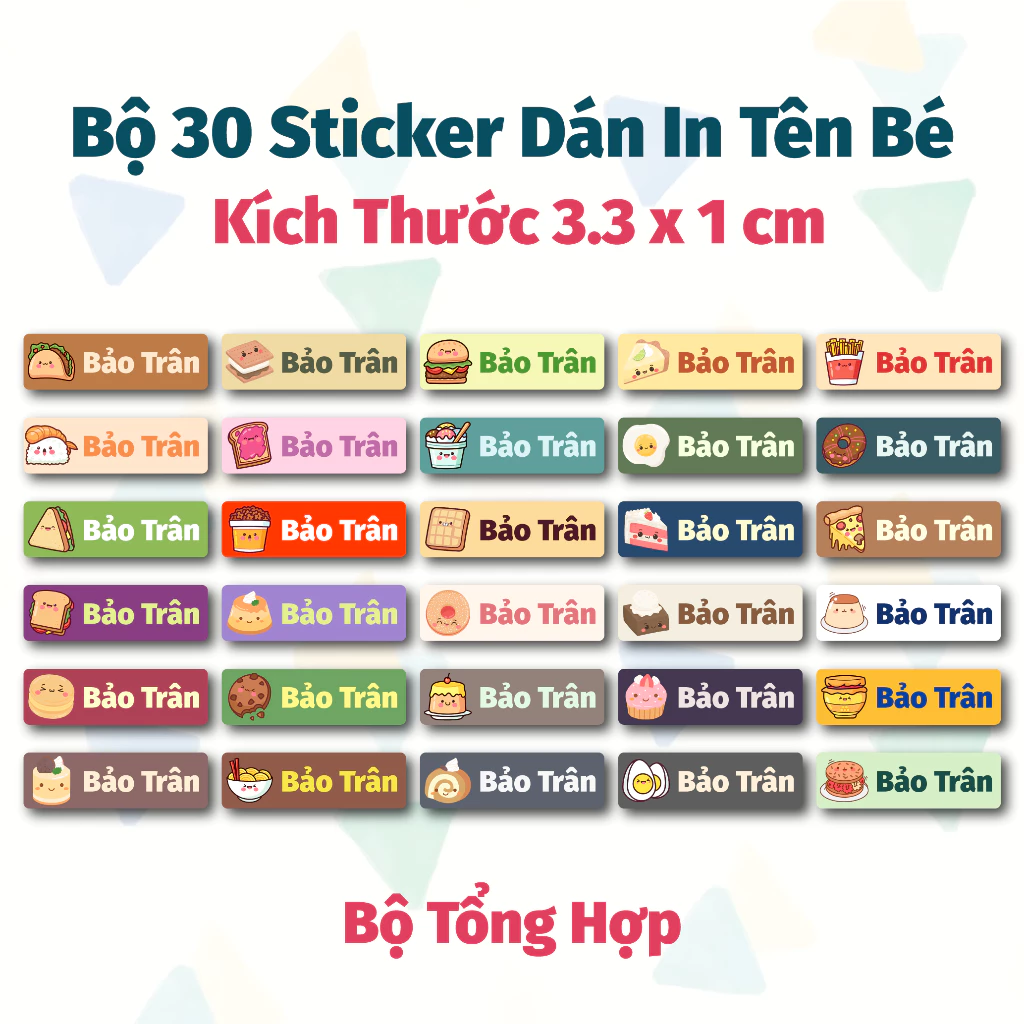 Bộ 30 Tem Sticker In Tên Mẫu Món Ăn Dễ Thương - Sticker Đánh Dấu Dụng Cụ Học Tập, Quần Áo, Đồ Dùng Cá Nhân