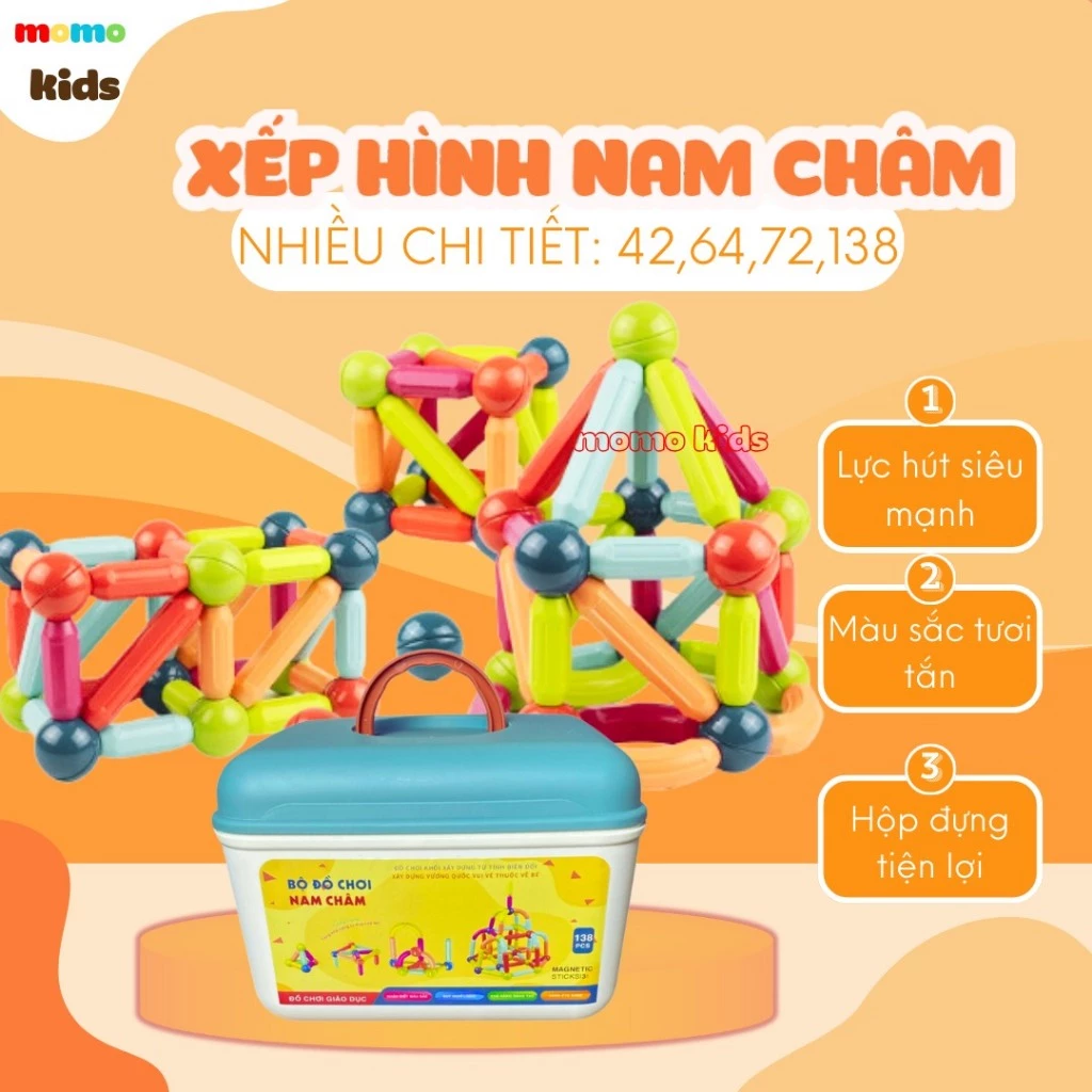 Bộ xếp hình nam châm, xếp hình nam châm thông minh que từ tính 72 chi tiết đồ chơi nam châm Phát triển tư duy trí tuệ